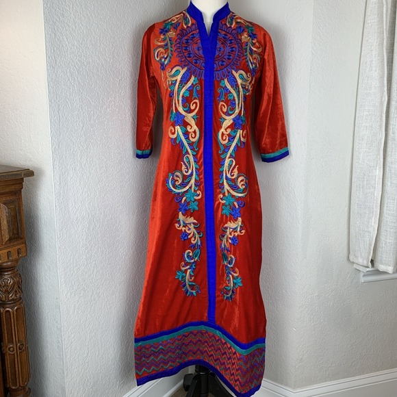 Tops - Red Velvet Multicolor Floral Embroidered Long Tunic Top Boho Kurta Sz S/XS